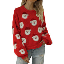 (red, M) Odeerbi Christmas Sweaters For Women Santa Claus Print Round Neck 2024 Long Sleeve Tops Blue