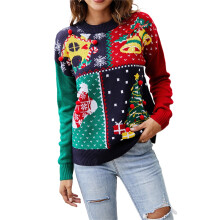 (multicolor, M) Qiylii Women Christmas Sweater with Festive Patterns, Color Matching Round Neck Long Sleeves Knit Sweaters