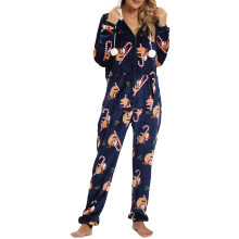 (black, S) Women's Christmas Flannel Pajama Bodysuit Printed Long Sleeve Hooded Front Zipper Closure Christmas Holiday Pajamas Casual Homewear