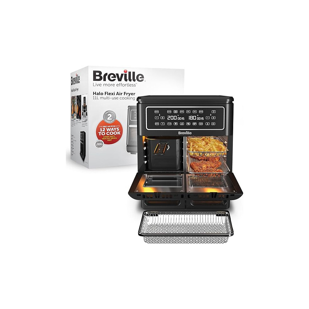 Breville Halo Flexi Air Fryer & Large Mesh Tray, Digital Dual Air Fryer Oven, 11L Serves 10+, Fry, Bake, Grill, Roast & Reheat, 2400 W, Black [VDF138]
