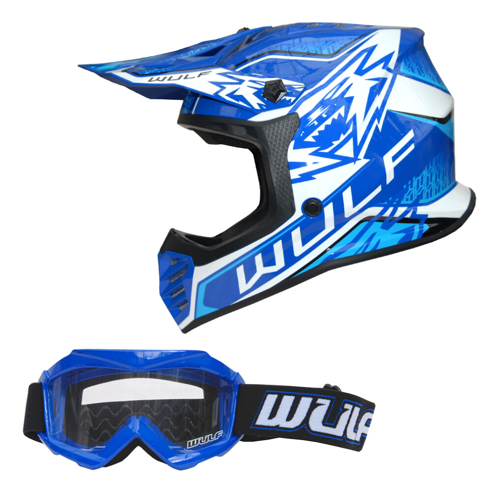 (Blue, S(47-48cm)) Wulfsport Kids Air-X Children Cub Junior Helmet Motocross ATV Crash + Goggles