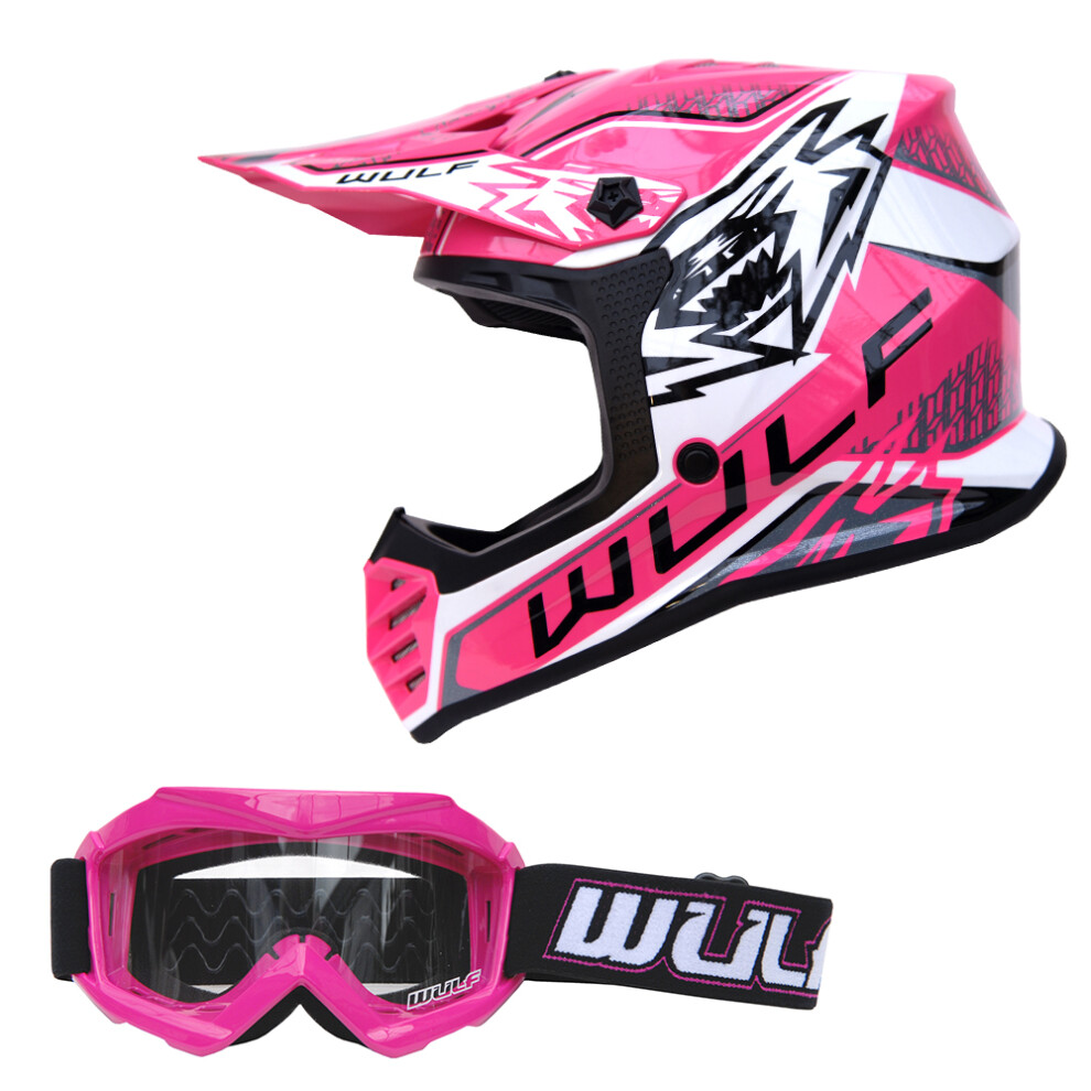 (Pink, XL(53-54cm)) Wulfsport Kids Air-X Children Cub Junior Helmet Motocross ATV Crash + Goggles-image-OPC-PFHRTRX-NEW