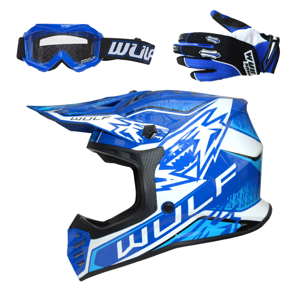(Blue, L(51-52cm)) Wulfsport Kids Air-X Cub Helmet Motocross ATV Crash + Stratos Gloves + Goggles