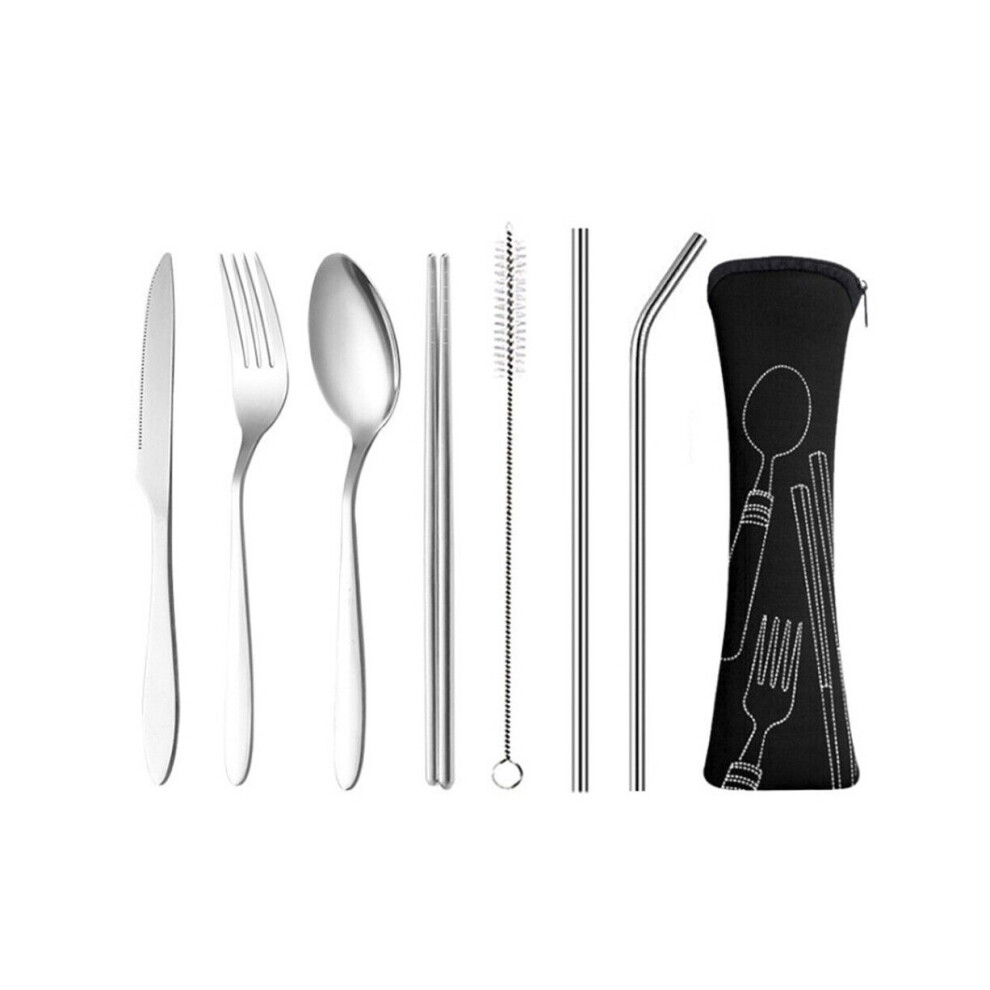 7 Pcs Cutlery Travel Knife Fork Portable Bag Stainless Steel Spoon Chopstick Set