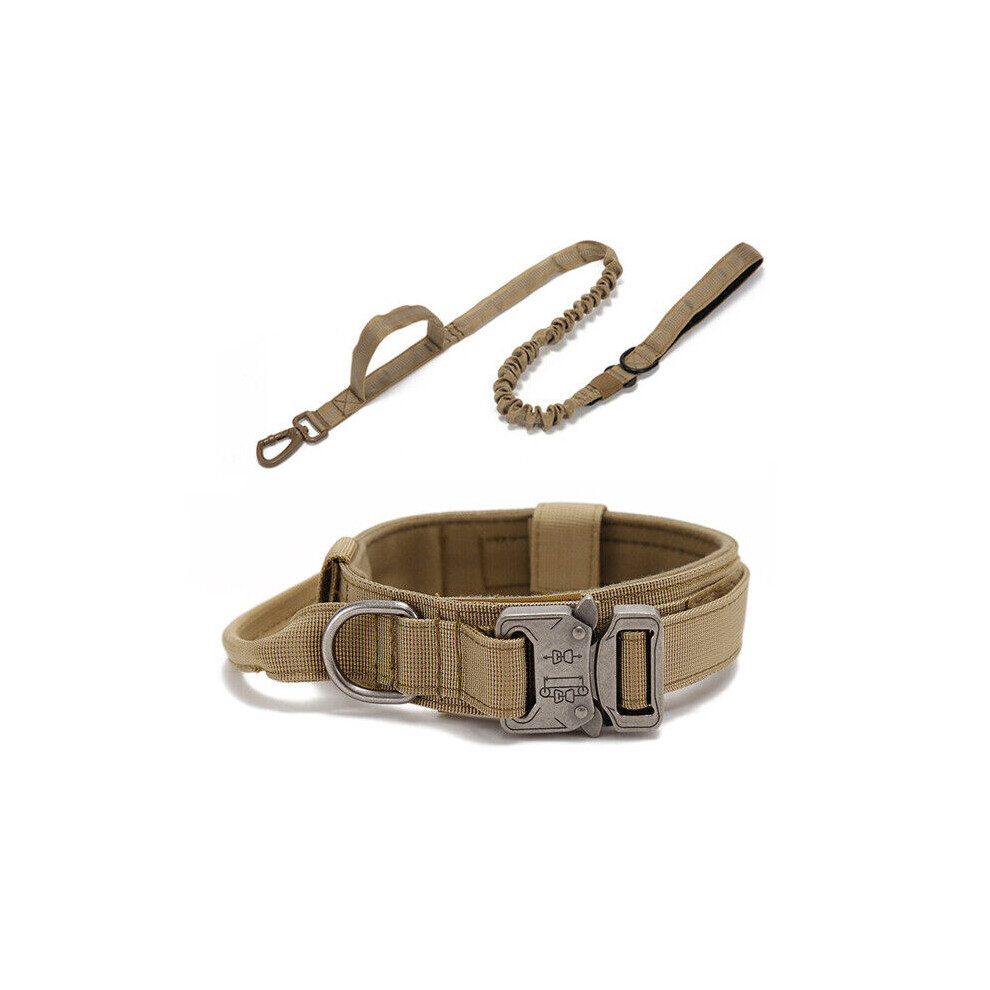 Tactical K9 Dog Training Collar+Leash with Metal Buckle for L Dog Heavy Duty-brown-M