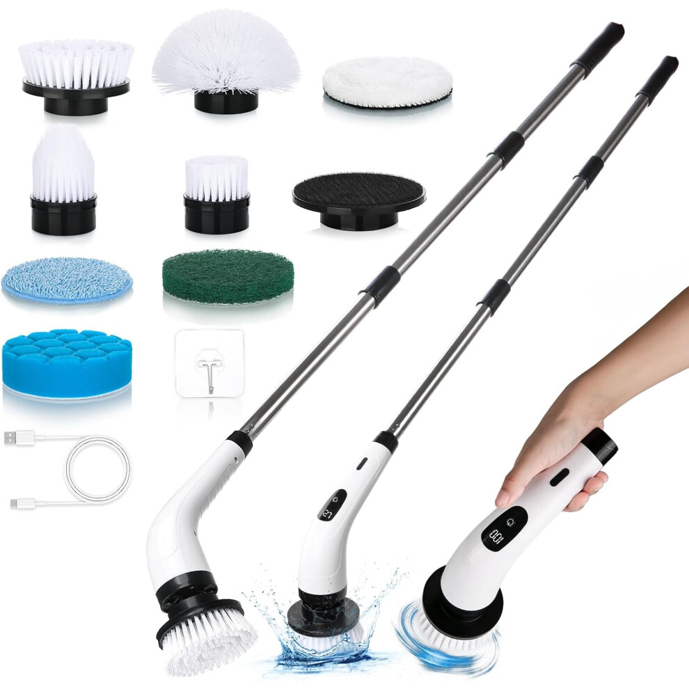 Cordless Cleaning Brush with 9 Replaceable Brush Heads and Adjustable Extended Handle, Electric Cleaning Brush for Cleaning Bathroom Bathtub Kitchen