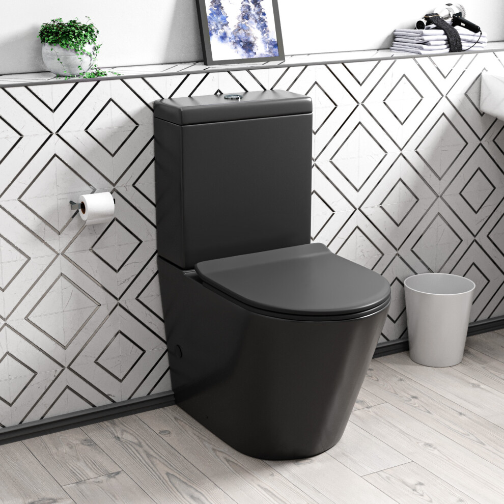 Nes Home Rimless Round Close Coupled Toilet Pan, Cistern & Seat Matt Black