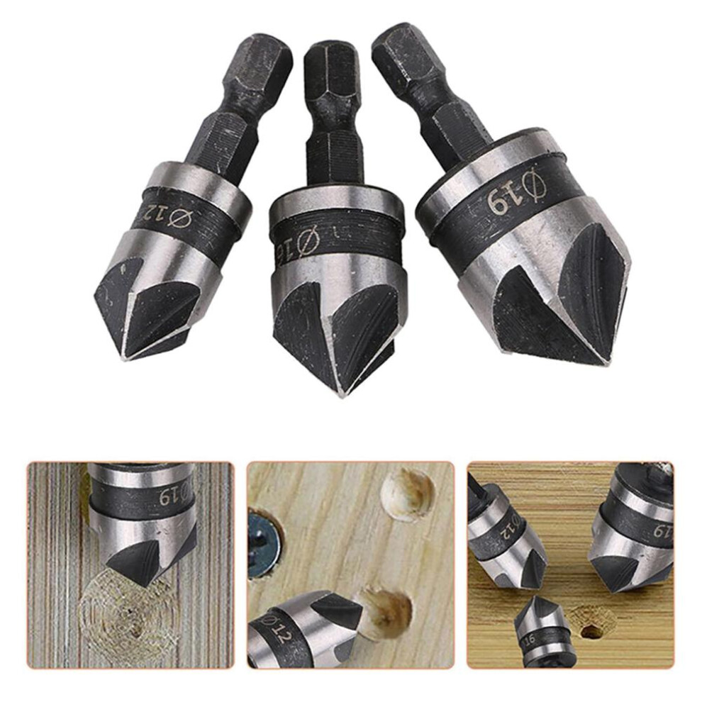 90 Degree Steel 3Pcs Carbon Hexagonal Shank Chamfer Wood Work Hole Drill Bit