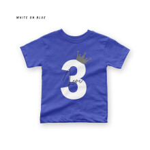 (White on Blue, 5 - 6 Years) Personalised Birthday T-Shirt for Kids Custom Name & Age with Crown Design, Available in 7 Colours Sizes 6-12 Months to 9-10 Years