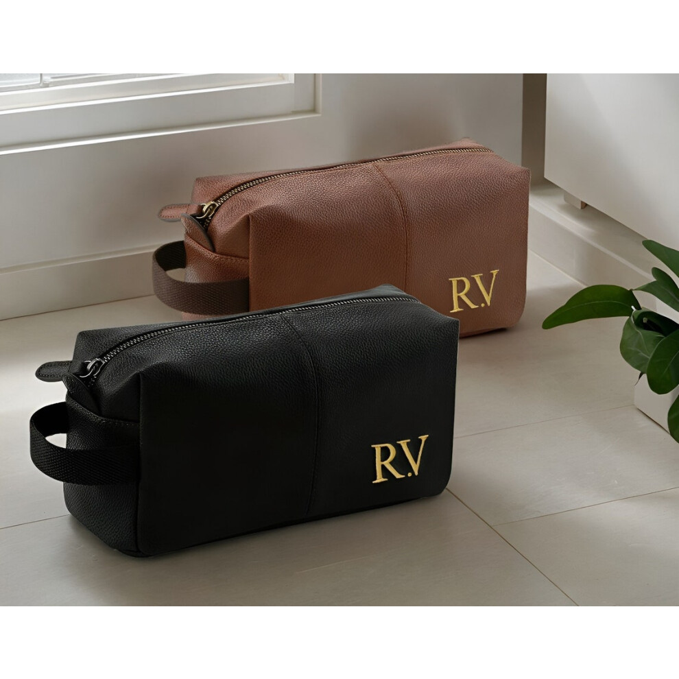 (Tan) Personalised Embroidered Men's Leather Wash Bag with Strap, Black or Brown, Leather Toiletry Bag Embroidered with Initials