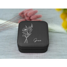 (Black) Personalised Birth Flower Jewellery Box, Custom Unique Bridesmaid Gift, Mother's Day Gift, Travel Case, Organiser for Rings, Necklaces, Earrings