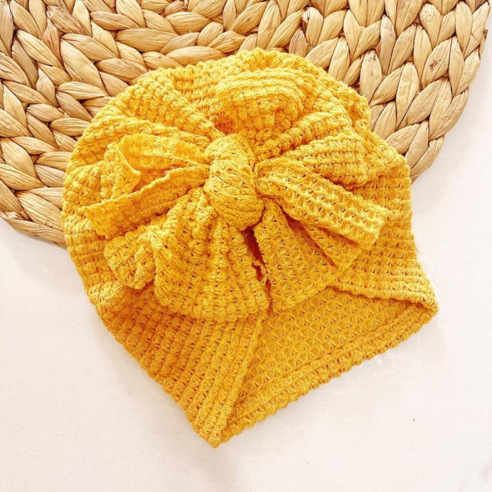 (Gold) 1pc Big Waffle Knitted Bows Turban Baby Toddler Babes Head Wraps Girls Boys Beanies Caps Infant Hair Accessories Kids Headwear