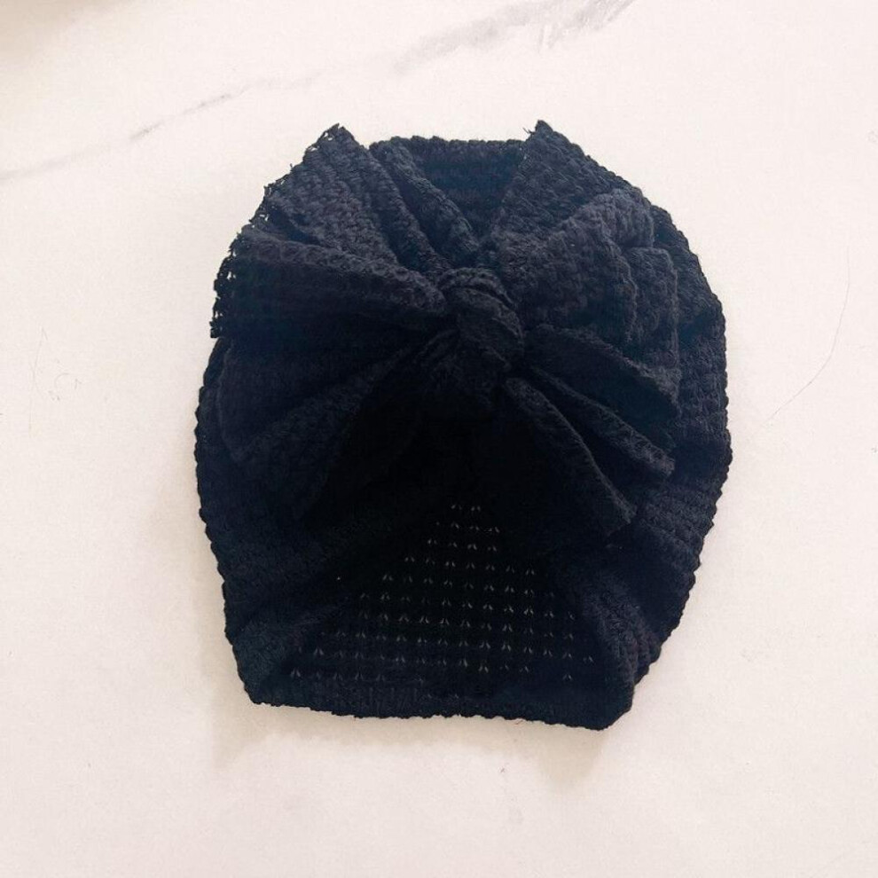 (Black) 1pc Big Waffle Knitted Bows Turban Baby Toddler Babes Head Wraps Girls Boys Beanies Caps Infant Hair Accessories Kids Headwear