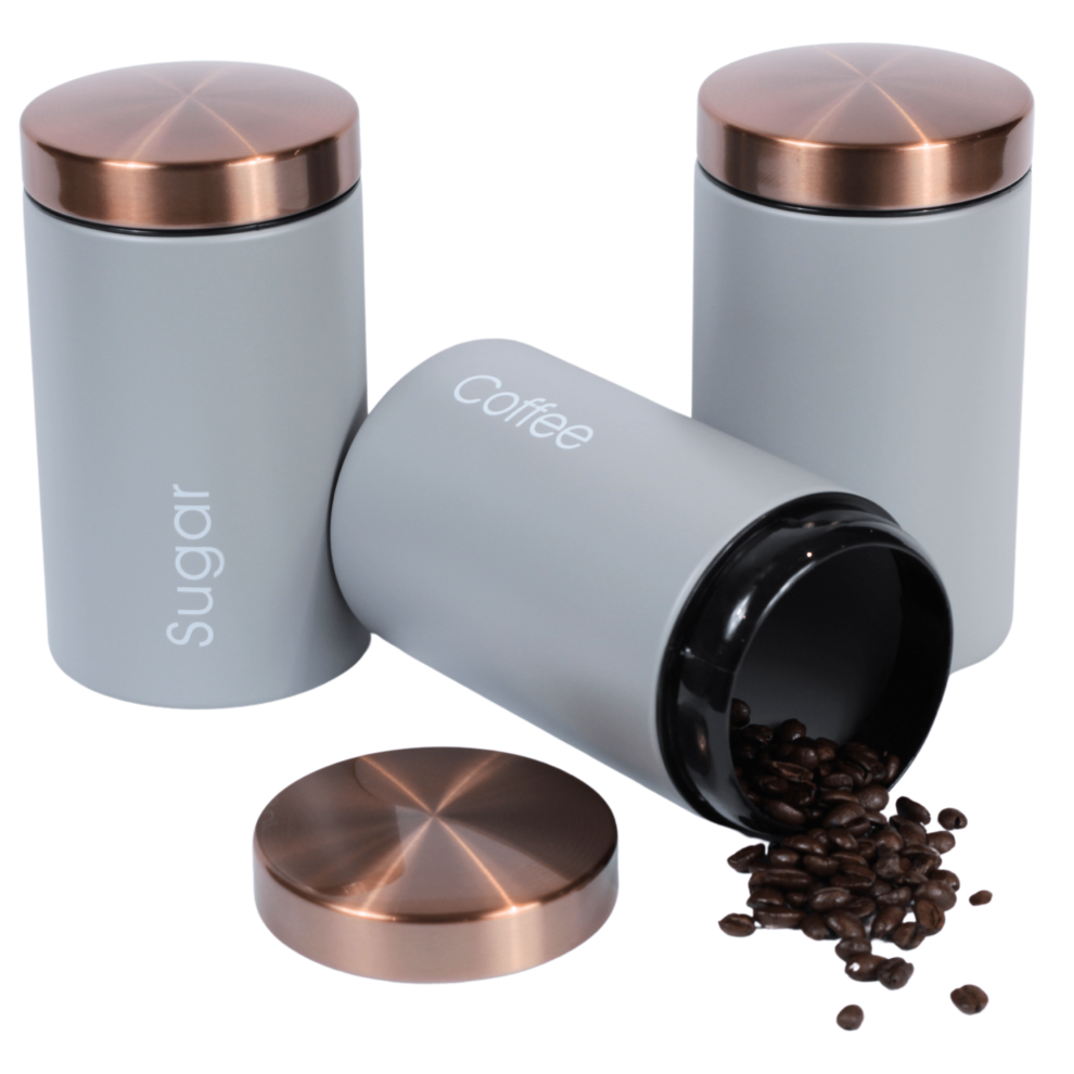 RLS Goose Grey Set of  3 Tea Coffee SugaR Storage Container Copper