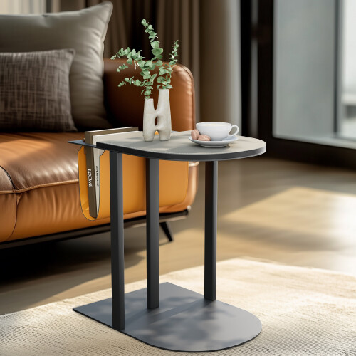 Narrow Side Table Bedside Table with Magazine Rack  Saddle Leather 1