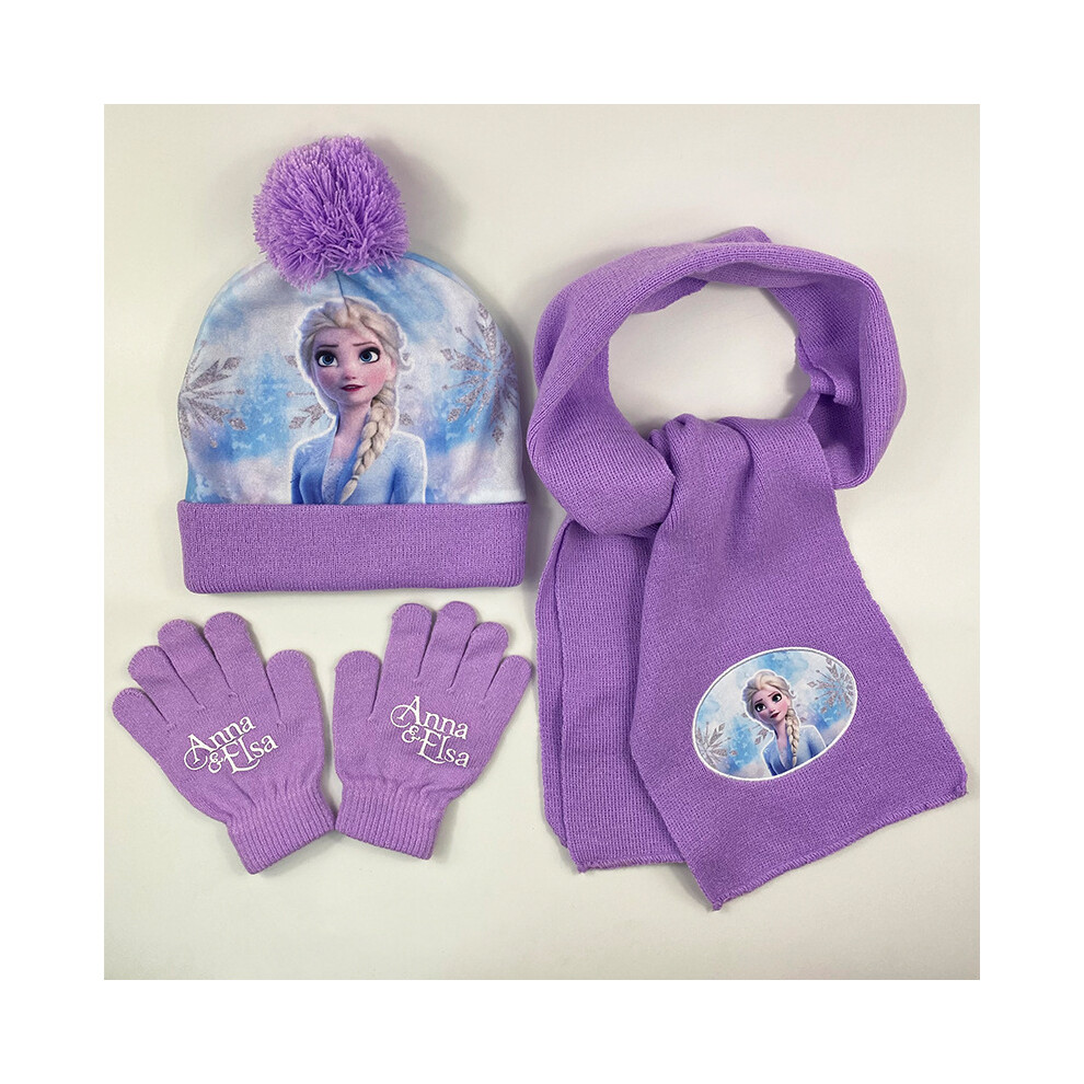 (A2) 3pcs/set Girls Kids For Frozen Anna And Elsa Winter Knitted Beanie Hat Scarf Gloves
