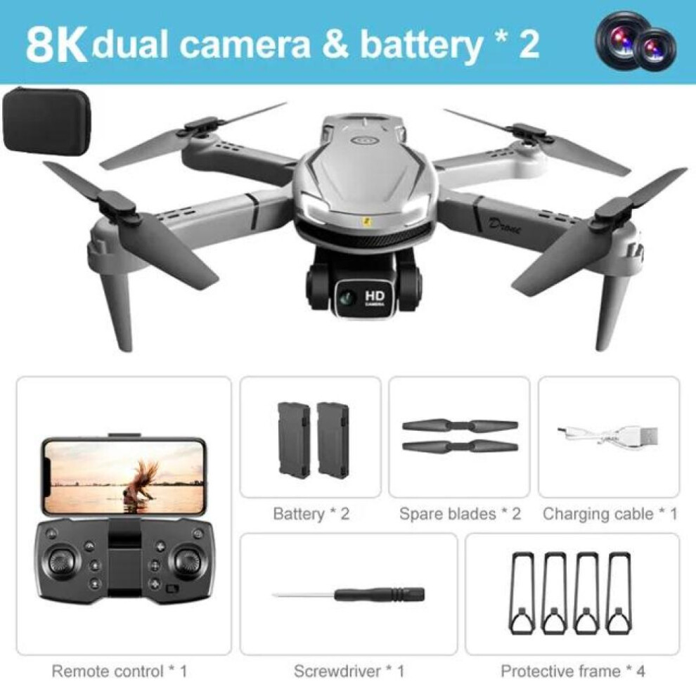 (2 battery, Grey) Dual-camera Omnidirectional Obstacle Avoidance V88 Mini Drone