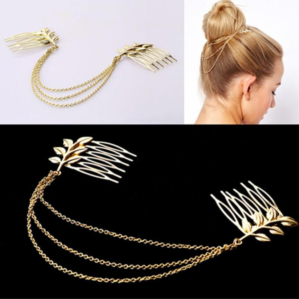 Women&apos;s Elegant Chic Golden Tone Leaf Branch Layered Hair Chain Comb Headband
