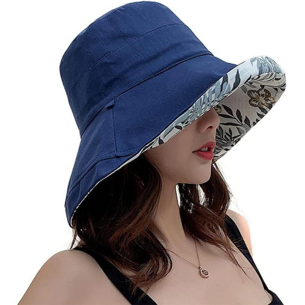 (Navy Blue) Wide Brim Cotton Summer Hat Women Packable Reversible Floral Bucket Hat UV Sun Protection Wide Brim Summer Beach Cap Double sided Floppy Sun Hats