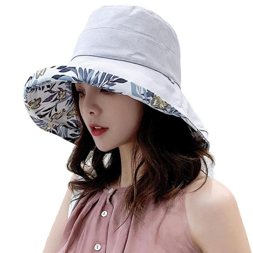 (White) Wide Brim Cotton Summer Hat Women Packable Reversible Floral Bucket Hat UV Sun Protection Wide Brim Summer Beach Cap Double sided Floppy Sun Hats