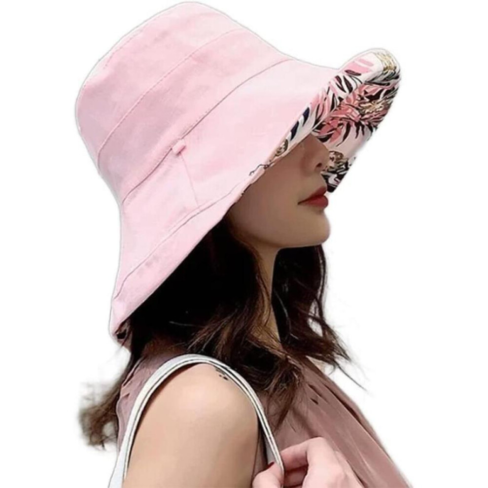 (Pink) Wide Brim Cotton Summer Hat Women Packable Reversible Floral Bucket Hat UV Sun Protection Wide Brim Summer Beach Cap Double sided Floppy Sun Hats