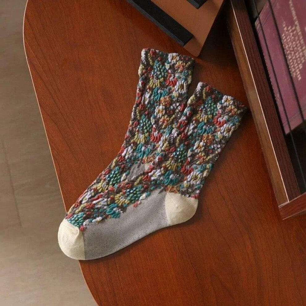 (Khaki, One Size) Retro Ethnic Funny Thermal Cheap Slippers Clothes Women Korean Harajuku Style Vintage 3D Flower Embroidery Socks for Girls Items