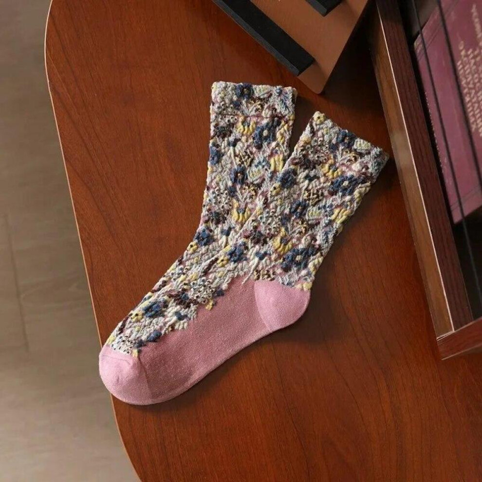 (Pink, One Size) Retro Ethnic Funny Thermal Cheap Slippers Clothes Women Korean Harajuku Style Vintage 3D Flower Embroidery Socks for Girls Items