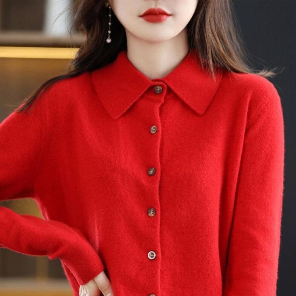 (Red, XXL) Women&apos;s Wool Knit Cardigan Jacket Loose Polo Collar Sweater Outer Solid Color Button Knit Shirt Pullover Korean Autumn Winter T-shirt
