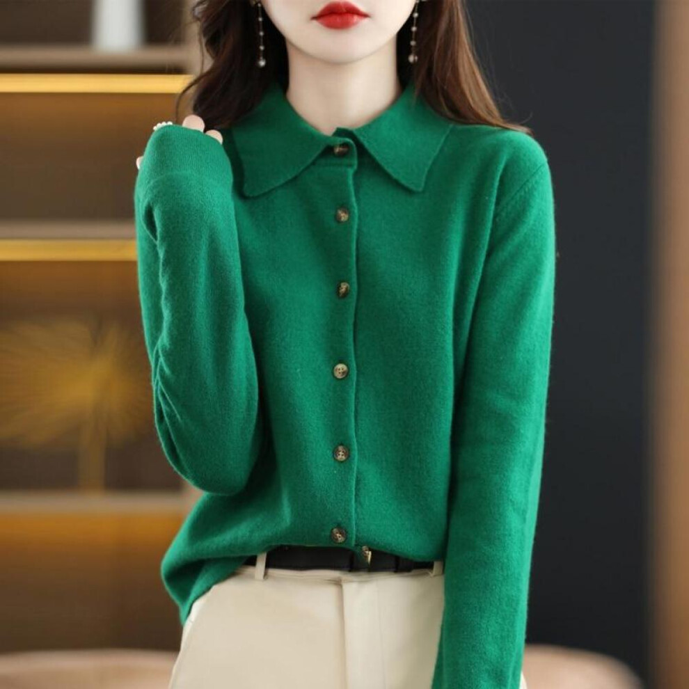 (Green, M) Women&apos;s Wool Knit Cardigan Jacket Loose Polo Collar Sweater Outer Solid Color Button Knit Shirt Pullover Korean Autumn Winter T-shirt