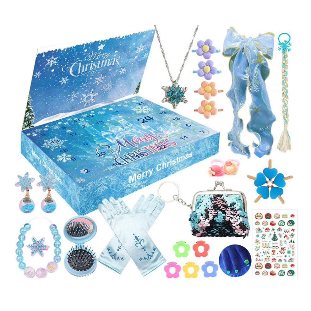 (Elsa Style Advent Calendar) Girls Christmas Advent Calendar Princess Jewelry Set 24 Days Countdown To Christmas Princess Dress Up Accessories Gift Bo