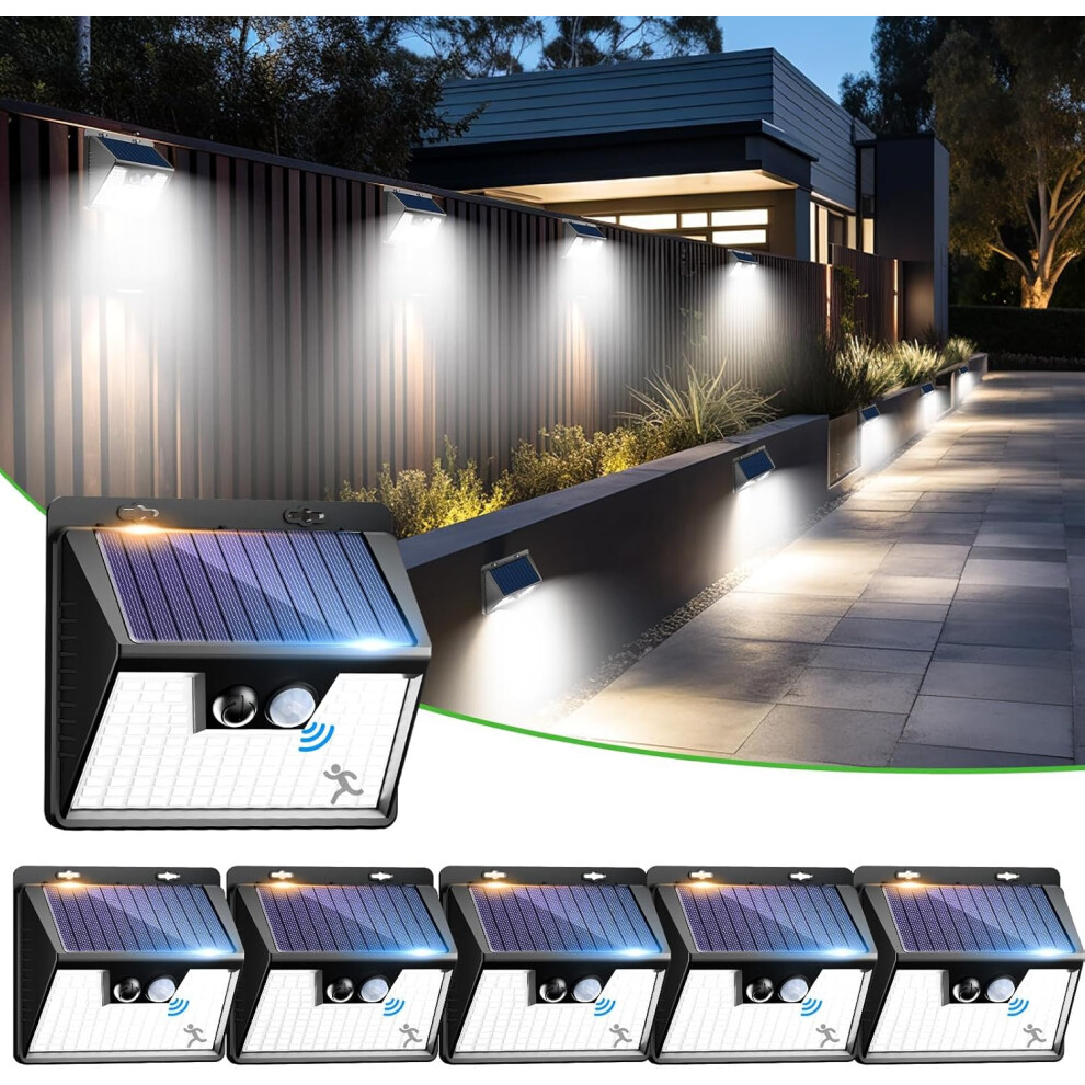 (6 Pack, Cool White) Outdoor Solar Security Lights, 6 Pack Solar Motion Sensor Lights with 140 LEDs, 3 Modes, Solar Fence Lights