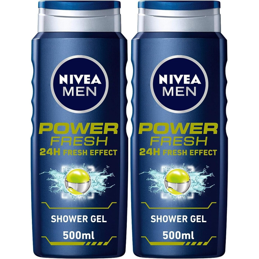 NIVEA MEN Power Fresh 24h Fresh Effect Citrus Scent 3in1 Shower Gel 500ml Pack Of 2 |Body Cleanser |Refreshed & Energized |Long-lasting Freshness