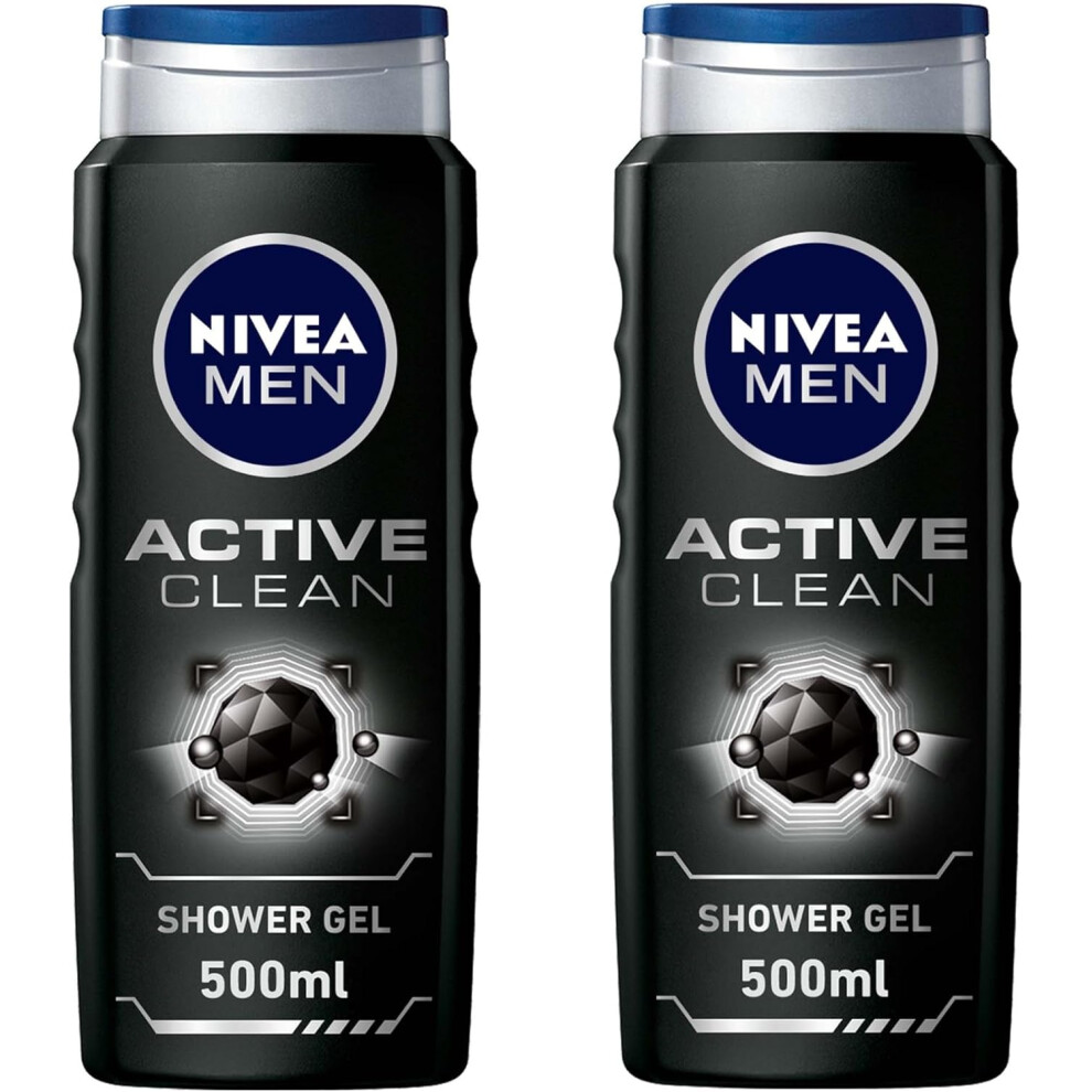 NIVEA MEN 3-in-1 Shower Gel Body Wash Active Clean with Charcoal 500ml Pack of 2 | Woody Scent | Long-Lasting Masculine Fragrance | Bath Soap-image-OPC-PFHV5KB-NEW