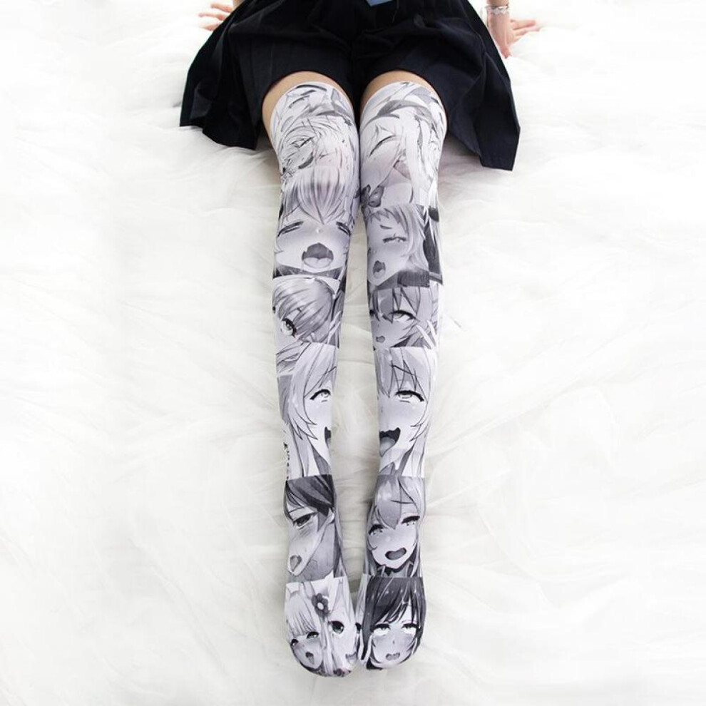 (Grey) 3D Printed Anime Ahegao Sexy Cartoon Cosplay Knee High Socks Lolita Japanese Cartoon Long Stockings Tight High Socks 65cm