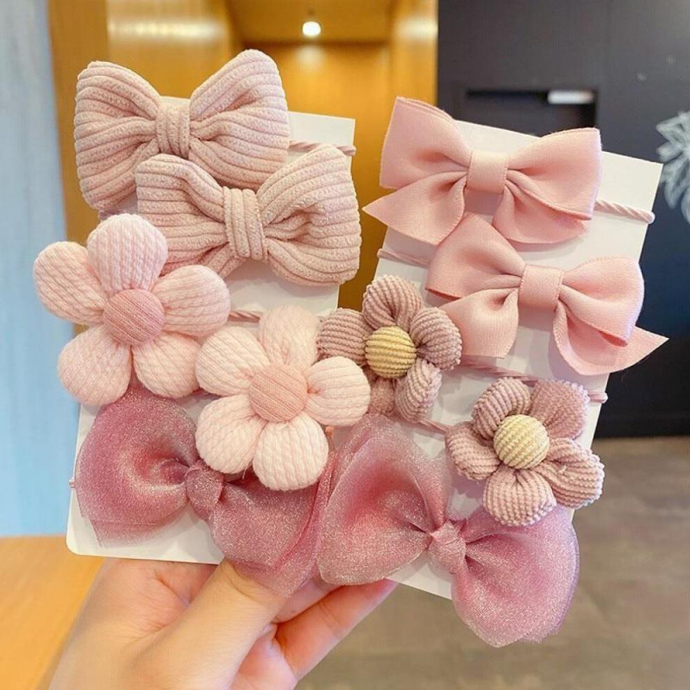 (Pink) 10Pcs/Set Big Bow Flower Elastic Hairbands Children Girls Sweet Hair Ties Fashion Headbands Hair Accessories Rubber Band for Kid