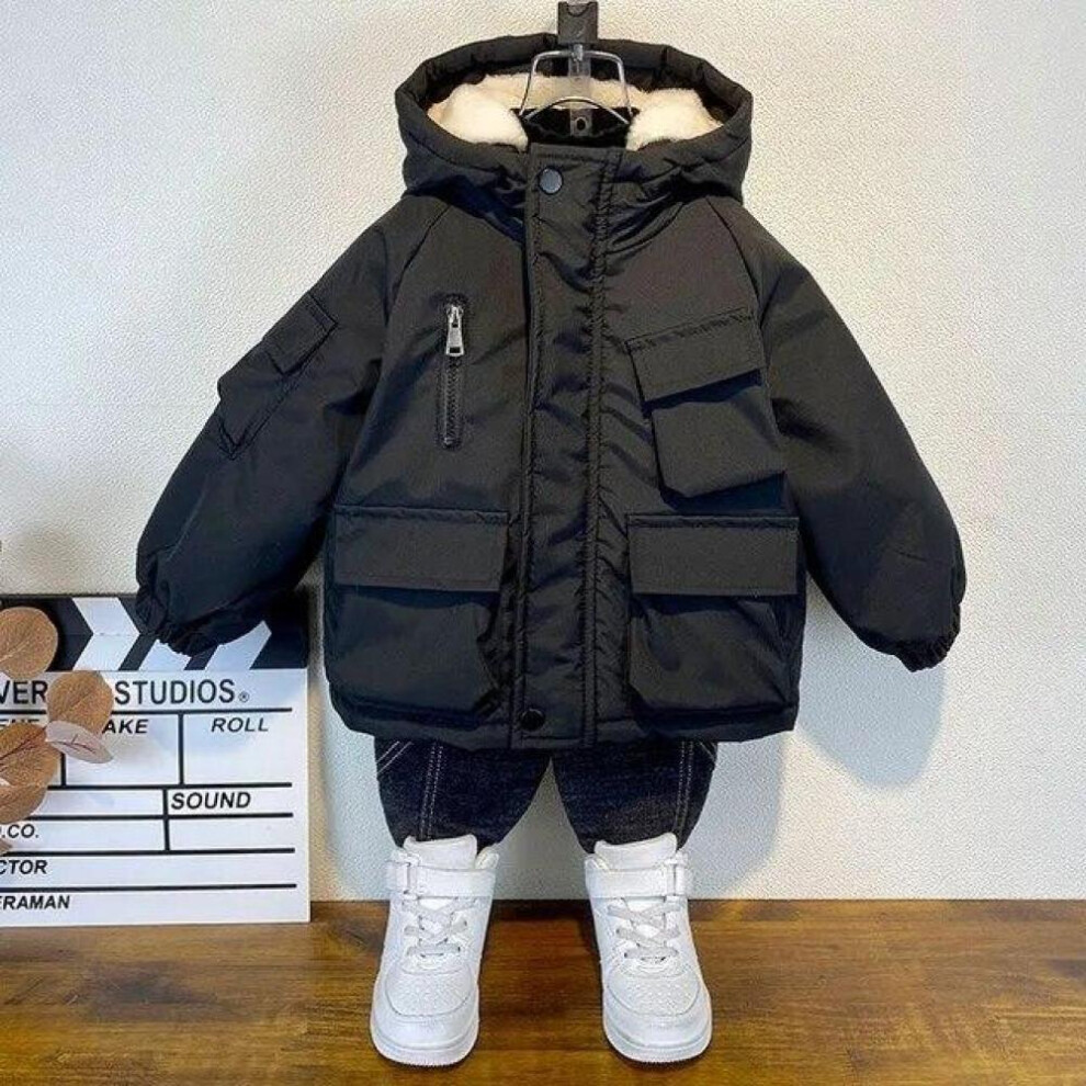 (Black, 160cm) Winter Down Cotton Jacket Boys Black Hooded Coat Children Outerwear Clothing Teenage 3-8Y Kids Parka Padded Snowsuit