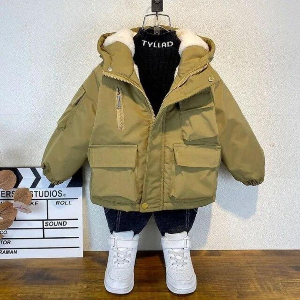 (Khaki, 160cm) Winter Down Cotton Jacket Boys Black Hooded Coat Children Outerwear Clothing Teenage 3-8Y Kids Parka Padded Snowsuit