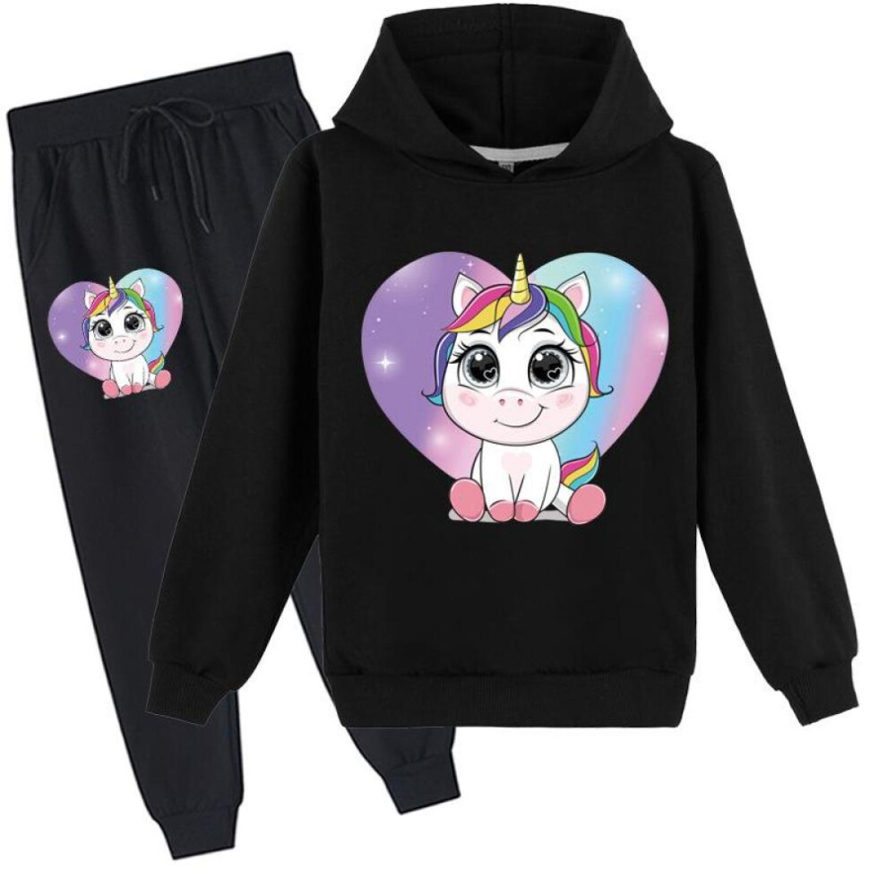(Black, 170cm) Fashion Unicorn Kids Clothes Sets Hoodie + Pants Two Piece Set Hooded Sweatshirts Suits for Boys and Girls