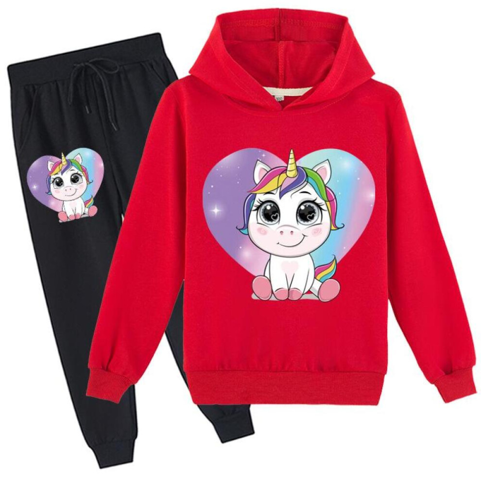 (Red, 170cm) Fashion Unicorn Kids Clothes Sets Hoodie + Pants Two Piece Set Hooded Sweatshirts Suits for Boys and Girls