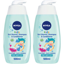 NIVEA Kids 3in1 Shower, Shampoo & Conditioner Tear Free + Easy Combing Magic Apple Scent 500ml Pack Of 2 |Aloe Vera & Chamomile |Soap-free Formula