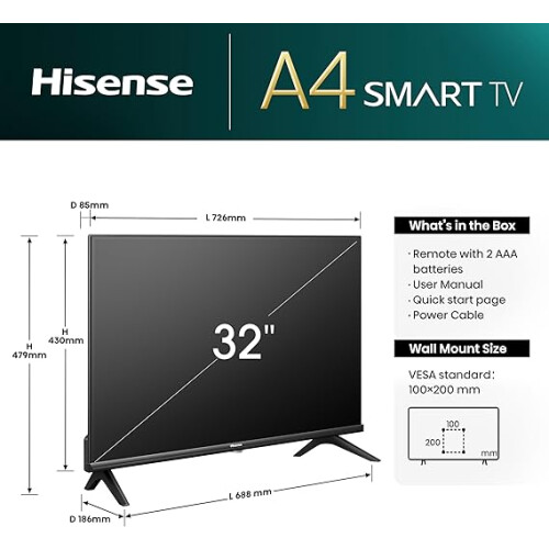 Hisense 32 Inch Smart TV 32A4NTUK HD Resolution, Natural Colour