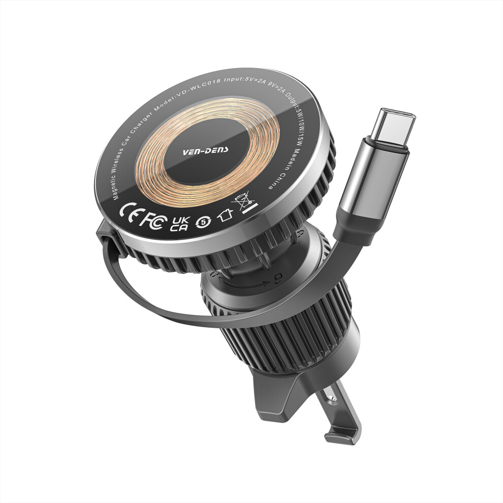 Ven-Dens 15W Air Vent Car Holder Wireless Charger With Retractable Cable 3477036260123