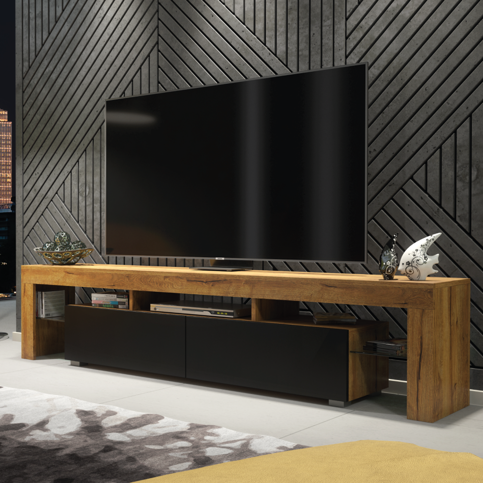 TV Unit 200cm Creative Furniture - Oak & Black Matt Doors