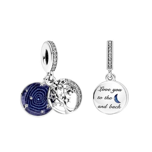 (Double Dangle Tree & Galaxy Moon sterling silver pandora cham) 925 Sterling silver bead charm for pandora bracket