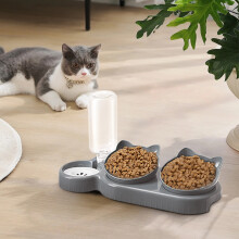 (Grey) Pet Feeder 15°Tilt 3-in-1 Cat Double Food Bowls with Automatic Water Bottle Bowl