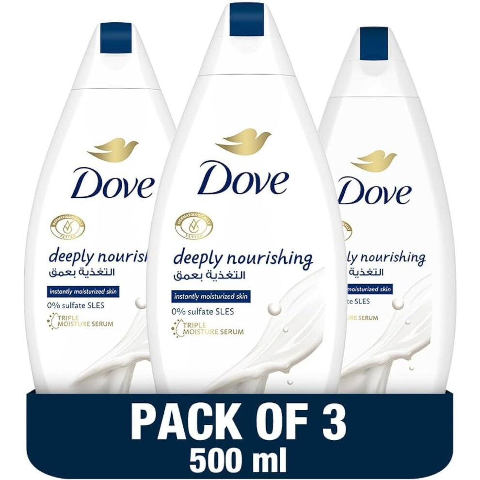 DOVE Deeply Nourishing Body Wash for Instantly Moisturized Skin 500ml Pack Of 3 | No Sulfates & Parabens | Triple Moisture Serum Shower Gel