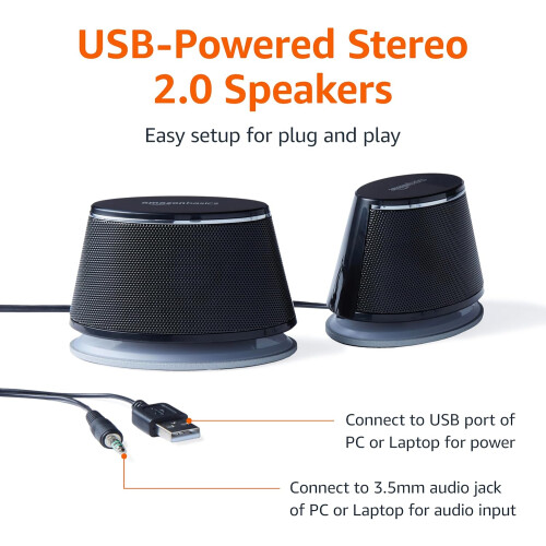Amazon Amazon Basics Stereo 2.0 Speakers for PC or Laptop, 3.5mm Aux input, 1