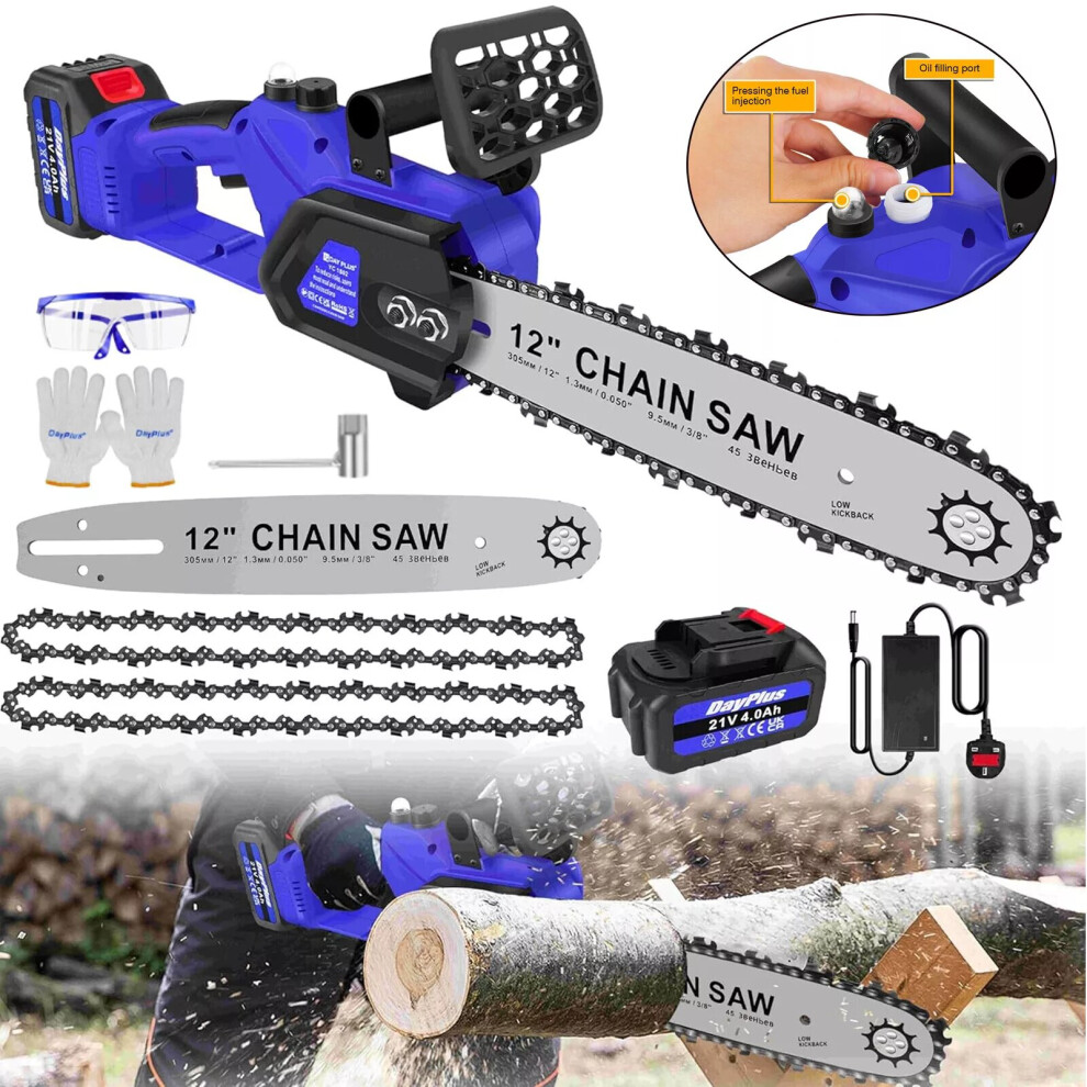 12inch Brushless Electric Cordless Chainsaw Wood Cutter Saw with Oiler System 4.0Ah Battery