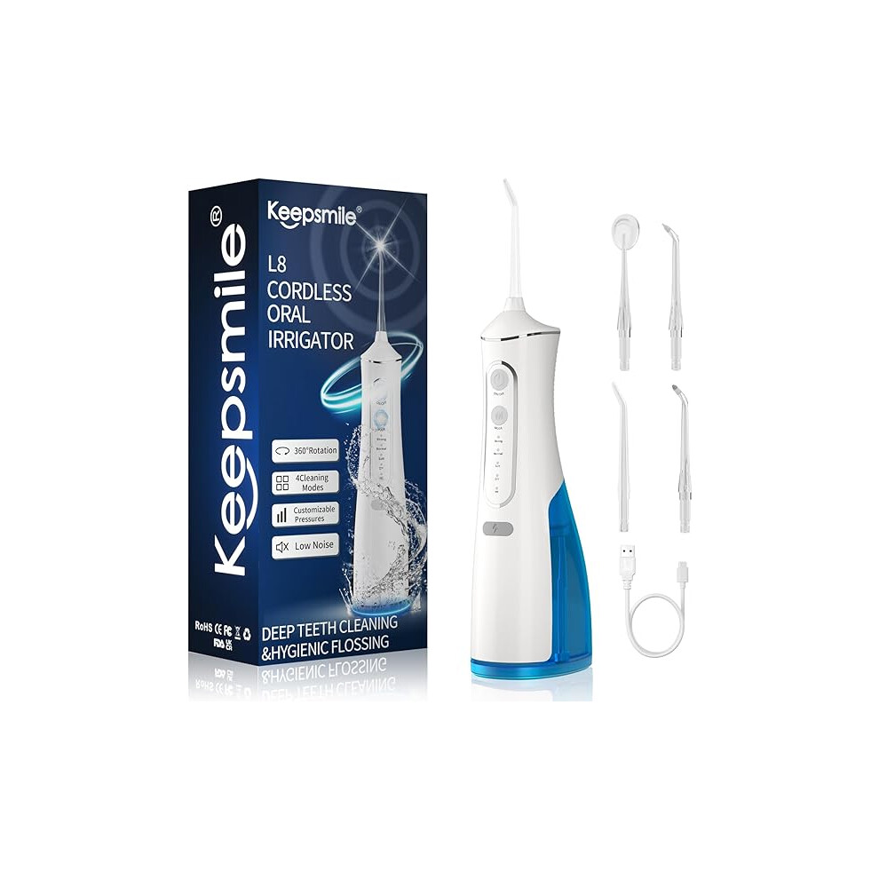 Keepsmile Water Flossers for Teeth Cordless,Portable Oral Irrigator 4 Modes,IPX7 Waterproof,300ML 4 Jet Tips USB Rechargeable Teeth Water Jet Cleaner