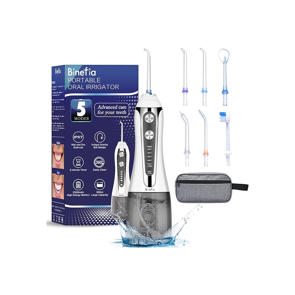 Water Flosser for Teeth Cordless with 5 Modes, Binefia 360Â° Rotation Oral Irrigator, IPX7 Waterproof, 300ML & 6 Jet Tips Water Jet, USB Rechargeable